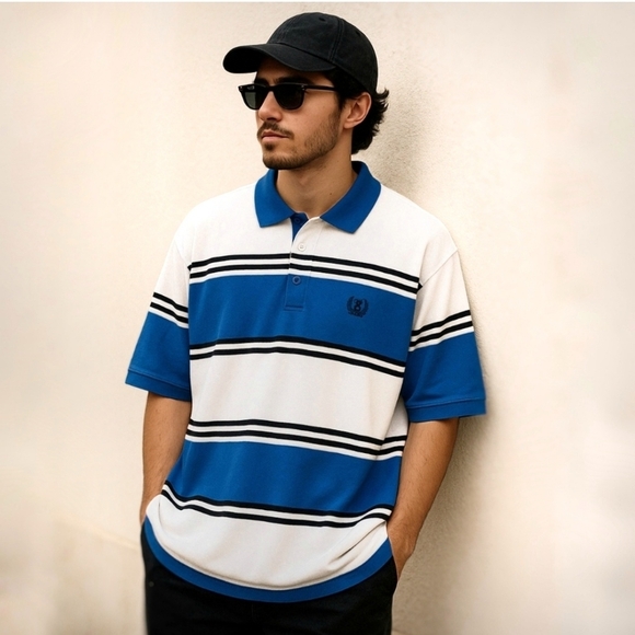 IZOD Top Rugby Striped Short Sleeve Unisex Cotton Polo Shirt Blue White Black XL - Picture 6 of 7
